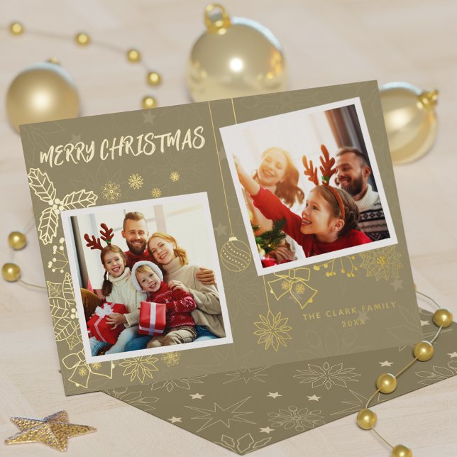 Simple Elegant Beige 2 Photo Frames Family (Simple Elegant Beige 2 Photo Frames Family Foil Holiday Card)