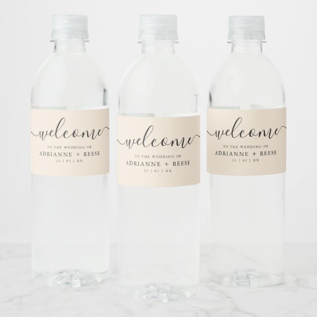 Simple Elegant Beige and Black Wedding Water Bottle Label (Bottles)