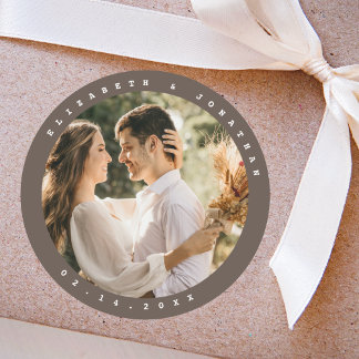 Simple Elegant Beige Brown Neutral Wedding Photo Classic Round Sticker