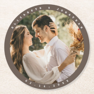 Simple Elegant Beige Brown Neutral Wedding Photo Round Paper Coaster
