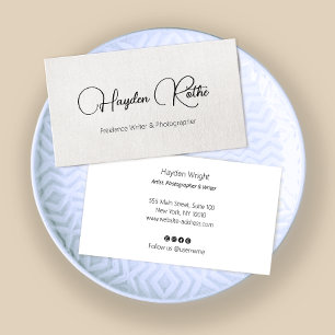 Simple Elegant Beige Linen Signature Script Business Card