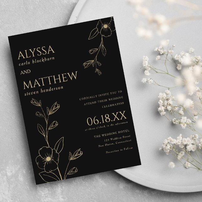 Simple elegant black and gold floral wedding  invitation (Simple elegant black and gold floral wedding invitation )