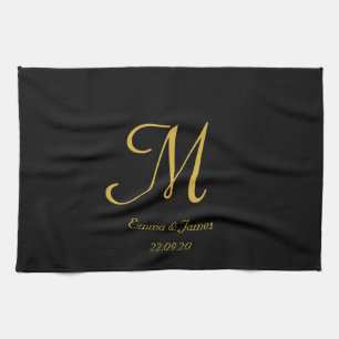 Simple Elegant Black and Gold Monogram Name Tea Towel