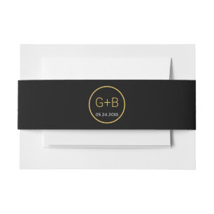 Simple elegant black and gold monogram wedding invitation belly band