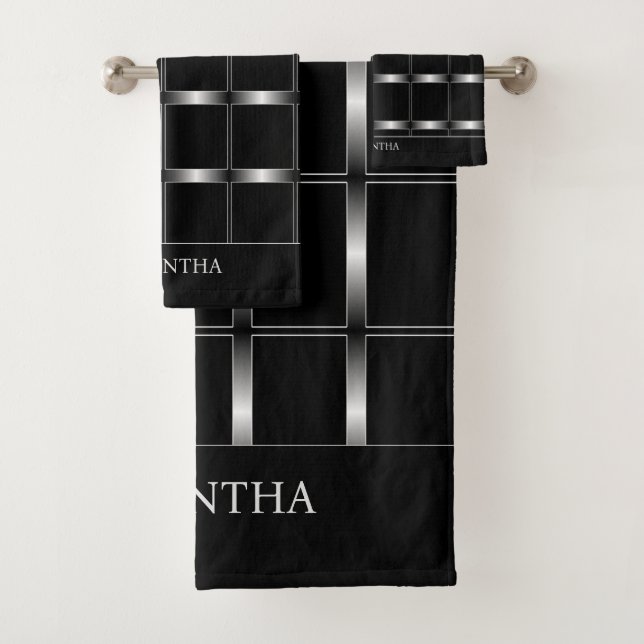 Simple Elegant Black And Silver Geometric Squares Bath Towel Set (Insitu)
