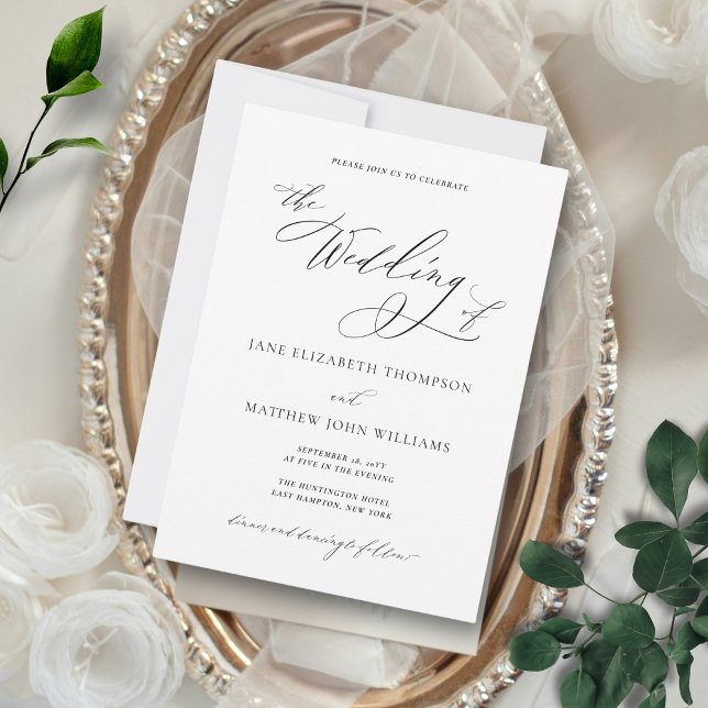Simple Elegant Black and White Classic Wedding Invitation (This wedding invitation features a romantic calligraphy script font for a fine art wedding look.)