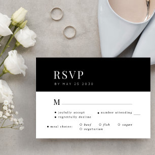 Simple elegant black and white meal choice wedding RSVP card