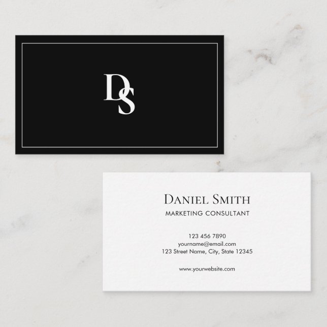 Simple Elegant Black and White Monogram Initial Business Card (Front/Back)