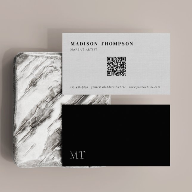 Simple Elegant Black And White Monogram QR Code Business Card (Creator Uploaded)