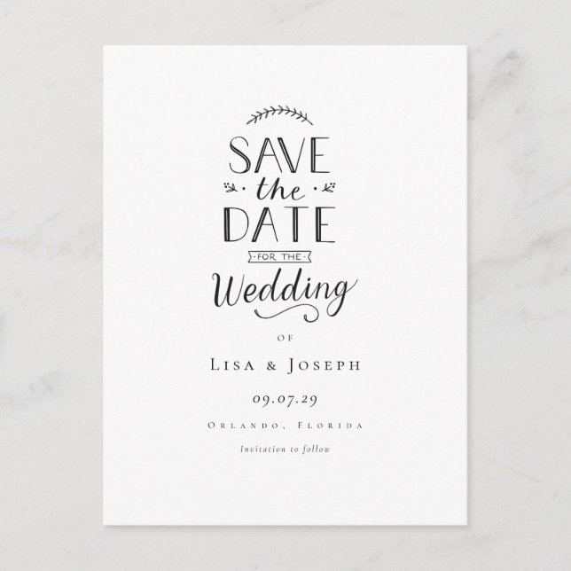 Simple Elegant Black and White Save the Date Postcard (Front)