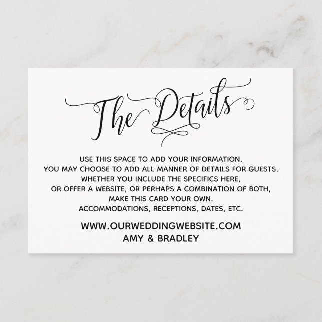 Simple, Elegant Black and White "The Details" Enclosure Card (Front)