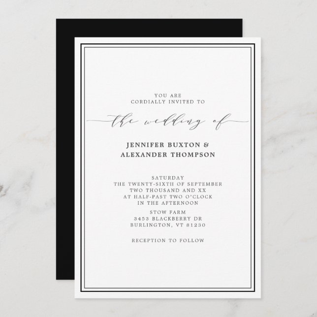 Simple Elegant Black and White Wedding Invitation (Front/Back)