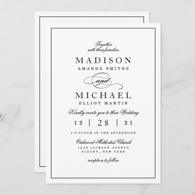 Simple Elegant Black and White Wedding Invitation (Front/Back)