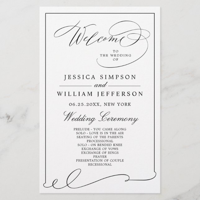 Simple Elegant Black And White Wedding Program (Front)