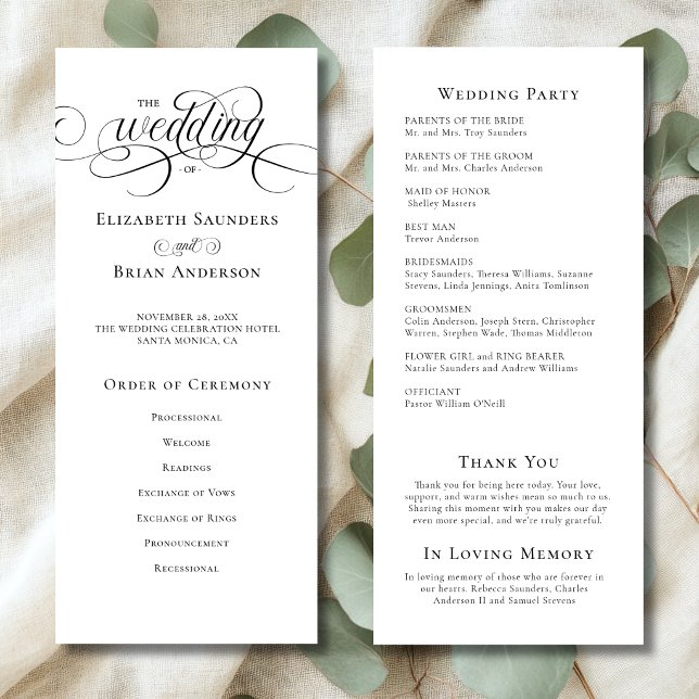 Simple Elegant Black and White Wedding Programme (Simple Elegant Minimalistic Black and White Wedding Program with Order of Ceremony, Wedding Party.)