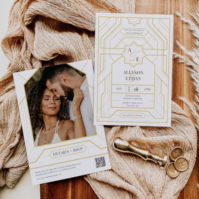 Simple Elegant Black Gold Art Deco QR Code Photo Invitation (Creator Uploaded)