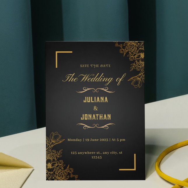 Simple Elegant Black & Gold Floral Save the date Invitation (Creator Uploaded)