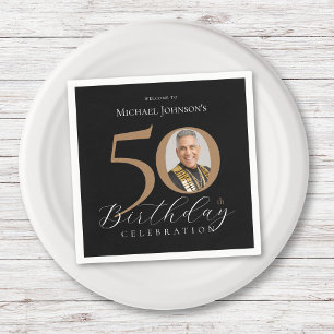 Simple Elegant Black Gold Photo 50th Birthday Napkin