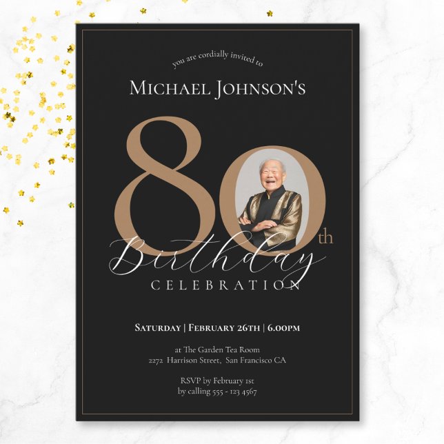 Simple Elegant Black Gold Photo 80th Birthday Invitation (Mockup View)