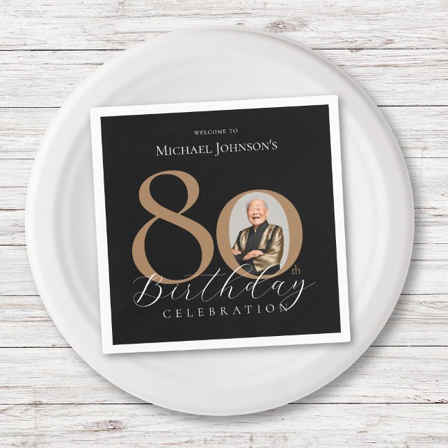 Simple Elegant Black Gold Photo 80th Birthday Napkin (Simple Elegant Black Gold Photo 80th Birthday Napkins)