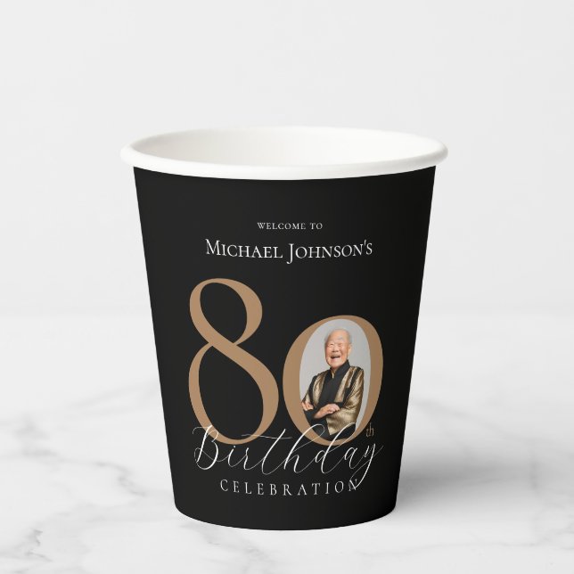 Simple Elegant Black Gold Photo 80th Birthday Paper Cups (Front)