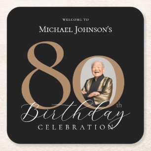 Simple Elegant Black Gold Photo 80th Birthday Square Paper Coaster