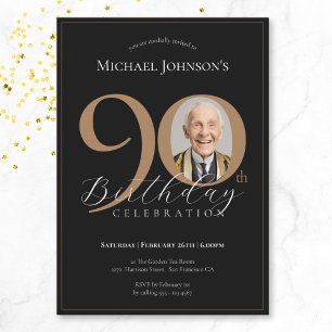 Simple Elegant Black Gold Photo 90th Birthday Invitation