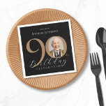 Simple Elegant Black Gold Photo 90th Birthday Napkin<br><div class="desc">Simple Elegant Black Gold Photo 90th Birthday Napkins. Celebrate a milestone birthday with our Black and Gold Simple Elegant design, perfect for adding a touch of sophistication to your special day. This customisable design features a sleek black background adorned with elegant gold accents, creating a timeless and classy look. Personalise...</div>