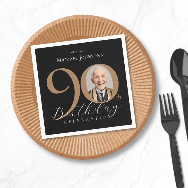 Simple Elegant Black Gold Photo 90th Birthday Napkin (Simple Elegant Black Gold Photo 90th Birthday Napkins)