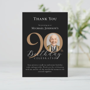 Simple Elegant Black Gold Photo 90th Birthday Thank You Card