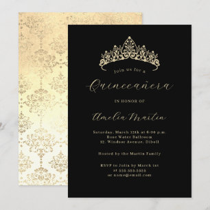 Simple Elegant Black Gold Tiara Quinceanera Invitation