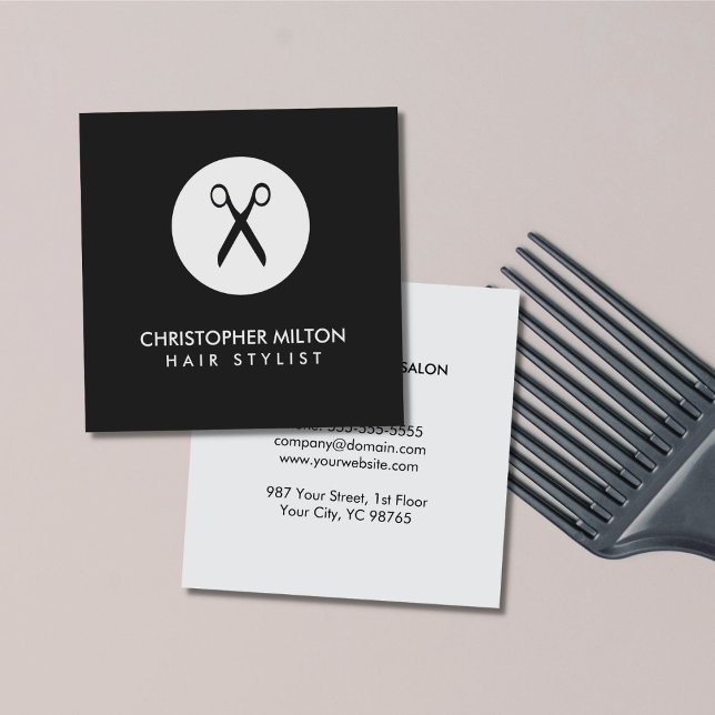 Simple Elegant Black Grey Hair Stylist Square Business Card (Creator Uploaded)