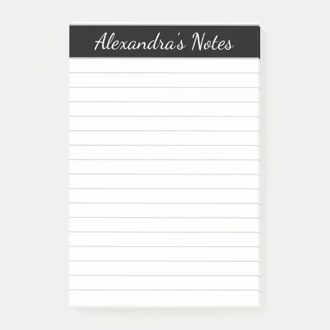 Simple Elegant Black Grey Lined Personalised Post-it Notes (Front)