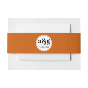Simple elegant black initials burnt orange wedding invitation belly band