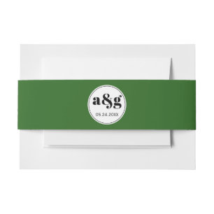 Simple elegant black initials green wedding invitation belly band
