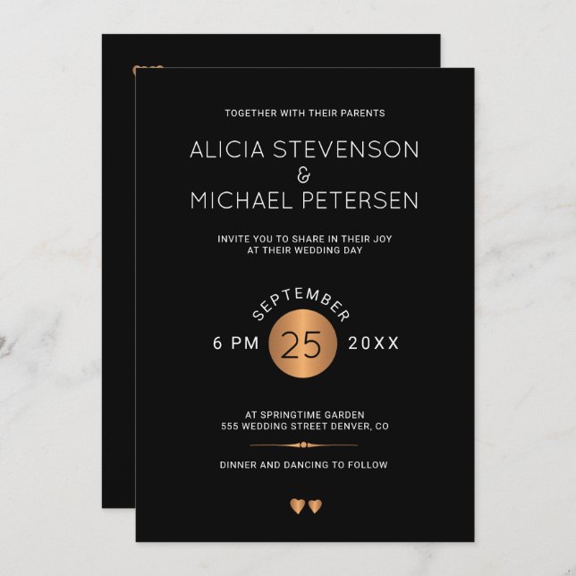 Simple elegant black metallic copper gold wedding invitation (Front/Back)