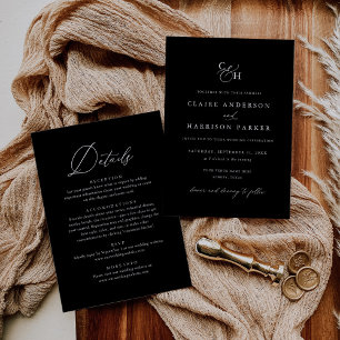 Simple Elegant Black Monogram Wedding Details Invitation