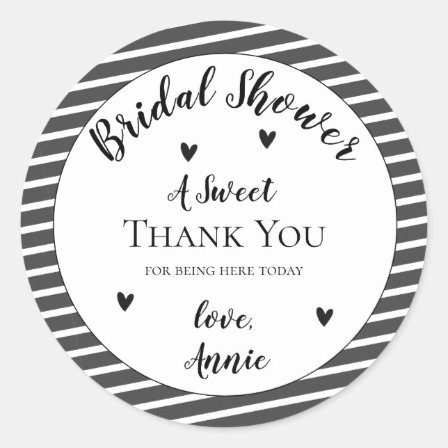 Simple Elegant Black White Bridal Shower Thank You Classic Round Sticker (Front)