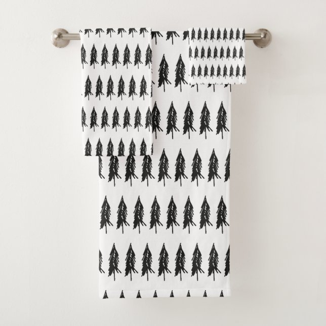 Simple Elegant Black & White Evergreen Trees Bath Towel Set (Insitu)
