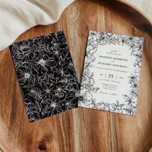 Simple Elegant Black White Floral Garden Wedding Invitation