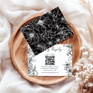 Simple Elegant Black White Floral QR Code Wedding RSVP Card