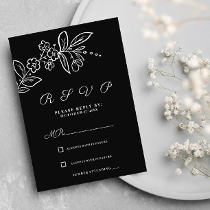 Simple elegant black white floral RSVP Invitation
