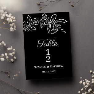 Simple elegant black white floral Table Number