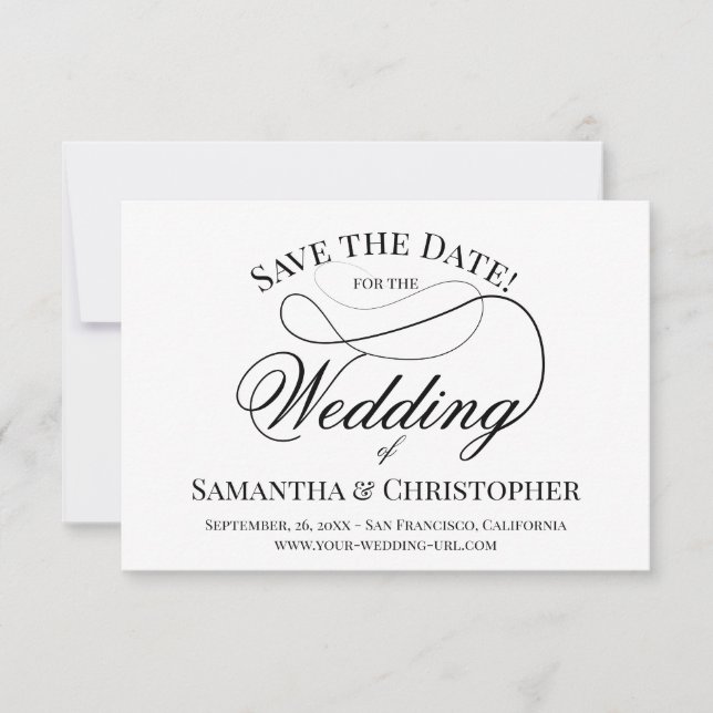Simple Elegant Black & White Lacy Script Wedding Save The Date (Front)