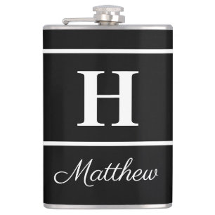 Simple Elegant Black White Monogram Monogrammed Hip Flask