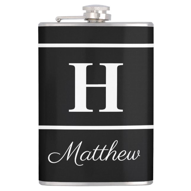 Simple Elegant Black White Monogram Monogrammed Hip Flask (Front)