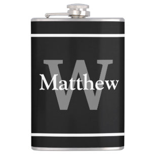 Simple Elegant Black White Monogram Monogrammed Hip Flask