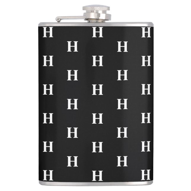 Simple Elegant Black White Monogram Monogrammed Hip Flask (Front)
