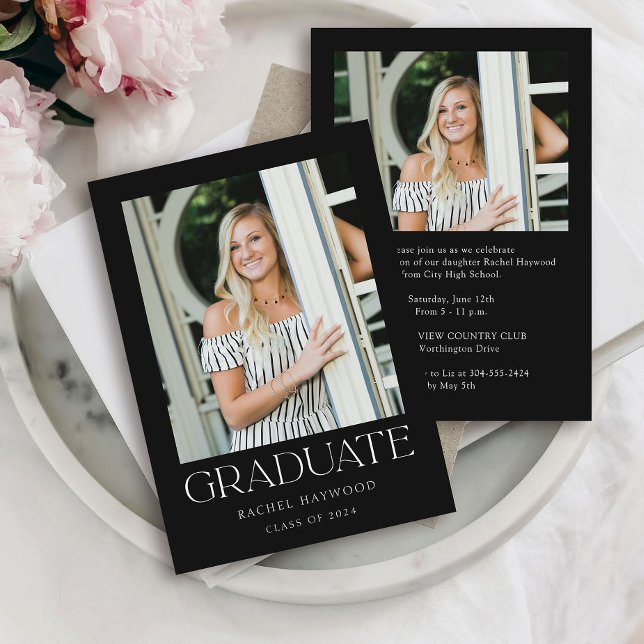 Simple Elegant Black White Photo Graduation Party Invitation (Creator Uploaded)