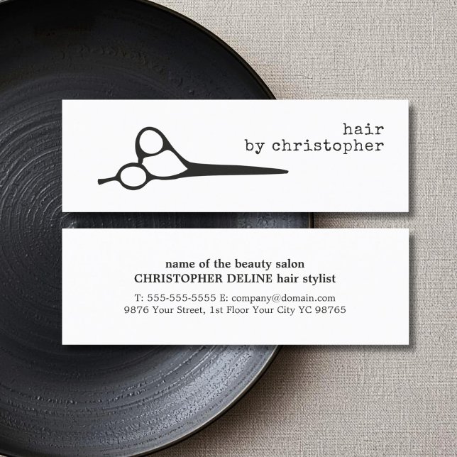 Simple Elegant Black White Scissor Hair Stylist Mini Business Card (Creator Uploaded)